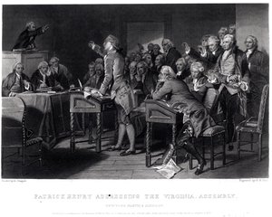 Patrick Henry spricht vor der Virginia Assembly, März 1775, graviert von Henry Bryan Hall (1808-84), 1856