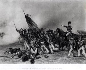 Die Schlacht von Chippewa, General Scott befiehlt den Angriff auf McNeils Bataillon, 5. Juli 1814, graviert von Johnson, Fry und Co. (Gravur) (s/w Foto)