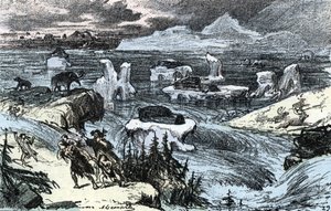 Urgeschichte; Überschwemmung in Mitteleuropa am Ende der Eiszeit. Gravur aus „Natur und Mensch“ von Rengade 1881. Private Sammlung