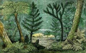 Prähistorie, Kohlezeit: Sumpf und Bohrung der Kohlezeit (J. Rrengade) von Alphonse Demarle