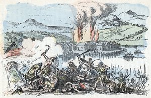 Urgeschichte: Kriegsszene zu Beginn der Eisenzeit, Brand der Pfahlbausiedlungen