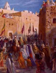 Illustration von muslimischen arabischen Kriegern, die eine Stadt verlassen, um sich auf den Dschihad oder Heiligen Krieg zu begeben. Von Nasreddine Dinet (Alphonse-Étienne Dinet) von Alphonse Etienne Dinet