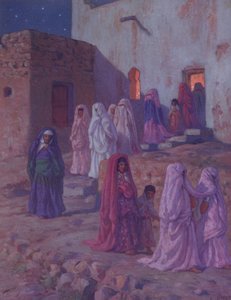 Muslime verlassen die Dorfmoschee am Vorabend von Mouled, Illustration aus einer Geschichte des Lebens des Propheten Mohammed, veröffentlicht in Paris 1918