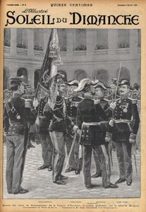 Verleihung der Kommandeurskreuze der Ehrenlegion an vier Generäle (Gosse Dubois, General Colonna, General Toulza, General Dalstein) durch General Brugère. Gravur von Lalauze für „Le Soleil-du-Dimanche“ im Februar 1900.