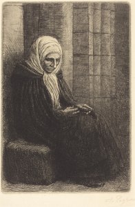 Frau sitzt an einer Wand, Kind mit Kopf in ihrem Schoß von Alphonse Legros