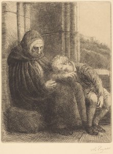 Frau sitzt an einer Wand, Kind mit Kopf in ihrem Schoß von Alphonse Legros