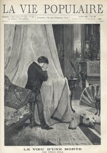 Ein Mann weint, versteckt sein Gesicht in einem Taschentuch, stehend hinter dem Baldachin eines Bettes in einem reich dekorierten Schlafzimmer. Illustration von Alfons Maria Mucha von Alphonse Mucha