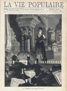 Ein Sänger, auf der Bühne, blickt dem Orchester im Graben entgegen, den Musikern und dem Dirigenten in voller Aufführung. Illustration von Alfons Maria Mucha von Alphonse Mucha