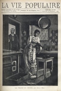 Eine elegante Frau wachst einen Schuh in der Küche eines Hauses. Ein Mann öffnet die Tür hinter ihr. Illustration von Alfons Maria Mucha