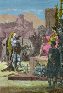 Vercingetorix ergibt sich Julius Caesar nach der Niederlage bei Alesia 52 v. Chr. (Gravur)