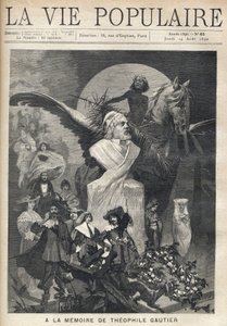 Zum Gedenken an Théophile Gautier (1811-1872). Um eine Büste des Schriftstellers laufen die Figuren in Kostümen seiner Werke mit Traurigkeit und Würde, unter dem Blick eines Kindes, das Lorbeerkränze auf einem geflügelten Pferd reitet. Illustration von Alf