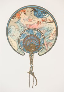 Der Wind, der die Jugend mit sich nimmt. Der Fächer, 1899 von Alphonse Mucha