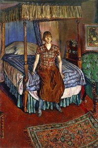 Porträt von Iris Tree auf einem Himmelbett sitzend