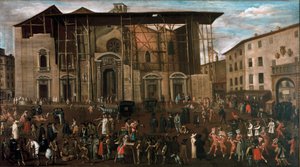Ansicht des Mercanti-Platzes mit Karnevalsszenen von Amanzia Guerillot Inganni