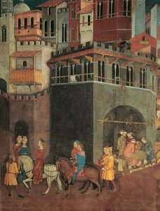Wirkungen der guten Regierung in der Stadt, Prozession der Adligen auf den Straßen der Stadt (Detail) von Ambrogio Lorenzetti
