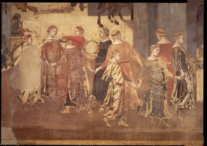 Auswirkungen der guten Regierung in der Stadt, Detail von Tänzern und Tamburinspielern, 1338-40 von Ambrogio Lorenzetti