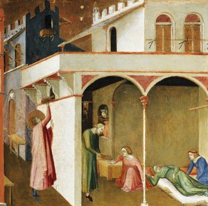 Nikolaus wirft Geld in das Haus von drei jungen Mädchen, um sie vor der Prostitution zu bewahren, indem er sie für die Ehe ausstattet. Szenen aus dem Leben des Heiligen Nikolaus von Ambrogio Lorenzetti