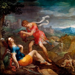 Tancred tauft Clorinde: Illustration für das Gedicht „Das befreite Jerusalem“ von Torquato Tasso
