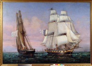 Rückkehr von der Insel Elba 28.02.1815 Napoleon I. an Bord des Schiffes „Die Unbeständige“ kreuzt den „Zephyr“