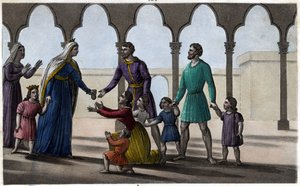 Batilde (oder Bathilde, Ehefrau von Chlodwig II.) hebt eine teure Abgabe auf, die die Gallier pro Kopf zahlten, klein und groß. - Abtei Chelles. Gezeichnet und graviert von Ambroise Tardieu im Jahr 1825