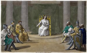 Charibert oder Cherebert, König von Paris (561 - 567), hält Rat, wo er Gerechtigkeit walten lässt. Entworfen und graviert von Ambroise Tardieu im Jahr 1825. von Ambroise Tardieu