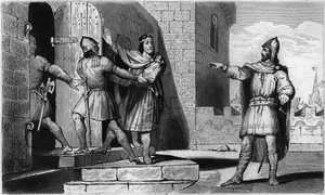 Karl III. (879-929) der Einfältige wird 923 von einem seiner Soldaten gefangen genommen - Gefangennahme von Karl III. dem Einfältigen (879-929), 923: Er glaubte, bei Herbert von Vermandois Zuflucht zu finden, wurde aber von ihm verraten und ins Gefängnis g von Ambroise Tardieu