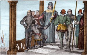 Karl V. (1358-80) der Weise überreicht sein Schwert an Duguesdin - Karl V. Le sage (1338-1380) überreicht feierlich das Schwert des Konnetabels Bertrand du Guesclin (1320-1380) - Gravur 1825 in „Histoire de France“ von Ambroise Tardieu