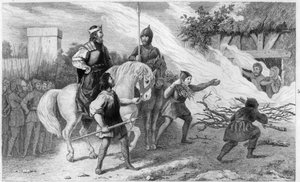 Chlothar I (497-561) verbrennt seinen rebellischen Sohn und seine Familie, 560 - Clotaire (Clothaire) I (497-561), König der Franken, verbrennt seinen Sohn Chramne (Chram, Chramn) und seine Frau im Jahr 560, die sich gegen ihn auflehnten - Gravur 1825 in „ von Ambroise Tardieu