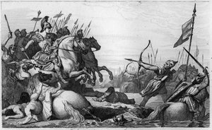 Clodion, der Haarige (ca. 428-47) zieht sich nach seiner Niederlage gegen Aetius über die Brücke zurück - Clodion genannt „Le Chevelu“ (ca. 428-ca. 448), Ahnherr der Merowinger, Anführer der Salischen Franken - Clodion wird von Aetius, General von Valentin von Ambroise Tardieu