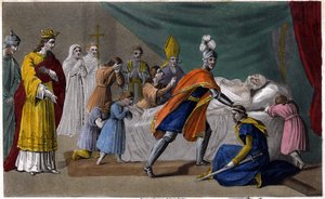 Tod von Pippin von Herstal (635-714) umgeben von seiner Familie - Tod von Pippin von Herstal (Großvater von Pippin dem Kurzen), umgeben von seiner Familie und in Anwesenheit von Dagobert III. (714) - Gezeichnet und graviert von Ambroise Tardieu im Jahr 182 von Ambroise Tardieu