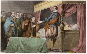 Heinrich III. (1551-1589), König von Frankreich, erkennt auf seinem Sterbebett Heinrich von Navarra (Heinrich IV.) als seinen rechtmäßigen Nachfolger an - Saint-Cloud, 2. August