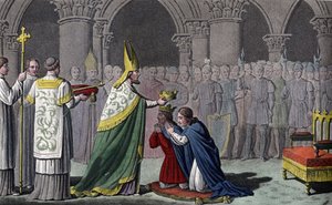 Ludwig III. (863-82) und Karlmann (865-84) gemeinsam gekrönt - Ludwig III. (v.863 - 882) und Karlmann (? - 884) werden am selben Tag (879) in der Abtei von Ferrières in Gâtinais gesalbt und gekrönt - Entworfen und graviert von Ambroise Tardieu im Jahr 1825