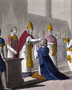 Ludwig II. wurde ein zweites Mal auf dem Konzil von Troyes von Johannes VIII. im Jahr 879 geweiht (Detail von 33595). Entworfen und graviert von Ambroise Tardieu im Jahr 1825 von Ambroise Tardieu