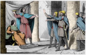 Ludwig V. der Faule zeigt seinen Anhängern 986 seine Krone - Ludwig V. der Faule (ca. 967-987), zum König von Frankreich ausgerufen durch den Schutz von Hugues Capet, der 986 König von Frankreich wurde - Gravur von 1825 in „Histoire de France“ dargestellt 