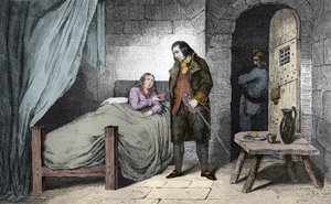 Ludwig XVII. (1785-95) krank und eingesperrt - der Dauphin von Frankreich Ludwig XVII. (1785-1795) krank im Gefängnis des Tempels - Gravur von 1825 in „Histoire de France“ dargestellt durch synoptische Gemälde, gewidmet den Kindern Frankreichs und verwende