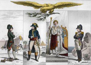 Napoleon Bonaparte (1769-1821) in vier Phasen seines Lebens - Gravur von 1825 in „Histoire de France represented by synoptic paintings dediee aux enfants de France et employee pour leur éduca“ von Ambroise Tardieu