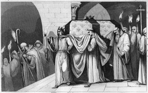 Philippe III. der Kühne hilft, den Sarg seines Vaters in die Basilika von Saint Denis zu tragen - Philippe III. der Kühne transportiert die Reliquien seines Vaters Louis IX. (Saint Louis) zur Basilika von Saint Denis, Nekropole der Könige im Jahr 1271 - Gr