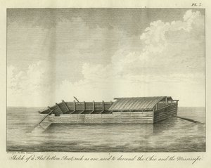 Skizze eines flachen Bodenbootes, wie sie zum Abstieg des Ohio und Mississippi verwendet werden, veröffentlicht 1826 von Ambroise Tardieu