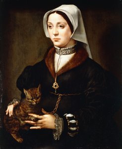 Porträt einer Dame, dreiviertellang, in dunklem Kostüm, eine Katze haltend