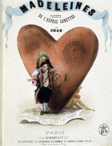 Man zahlt nur beim Eintritt (Karikatur von Amor (Eros) vor einem Herz, das einen Teufel verbirgt) - in "Madeleines" von Cham, ca. 1870-1880 von Amédée de Noé
