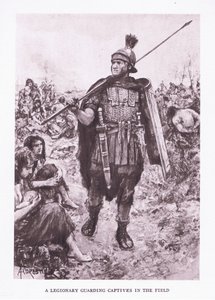Ein Legionär bewacht Gefangene auf einem Feld, Illustration aus Der römische Soldat, 1928 von Amedee Forestier