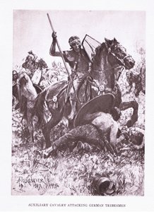 Hilfskavallerie greift germanische Stämme an, Illustration aus Der römische Soldat, 1928 von Amedee Forestier