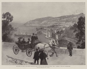 Die Königin in Cimiez, Ihre Majestät kehrt von einer Fahrt auf der Villefranche-Straße zurück, HMS Cambrian liegt vor Villefranche