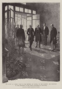 Die Königin in Cimiez, Besuch des Kaisers von Österreich bei Ihrer Majestät, Empfang durch die Herren des königlichen Haushalts in der Halle