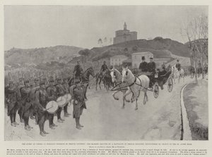 Die Königin in Cimiez, ein angenehmes Beispiel französischer Höflichkeit, Ihre Majestät wird von einem Bataillon französischer Infanterie gegrüßt, das zufällig auf der St Andre Road getroffen wurde