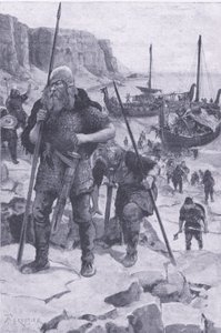 Die Wikinger finden Amerika, aus My Magazine, veröffentlicht 1922 (Lithografie)