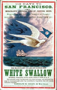 112 Tage nach San Francisco Plakat, das Merchants Express Line of Clipper Ships, White Swallow bewirbt
