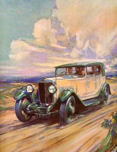 Ein Roadster aus den 1920er Jahren rast eine Schotterstraße hinunter