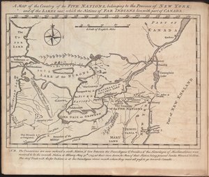 Karte des Landes der Fünf Nationen, das zur Provinz New York gehört; und der Seen, in deren Nähe die Nationen der fernen Indianer leben, mit einem Teil von Kanada, von Cadwallader Colden