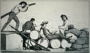 Ein Flachboot, das Fracht auf dem Mississippi River transportiert, um 1840